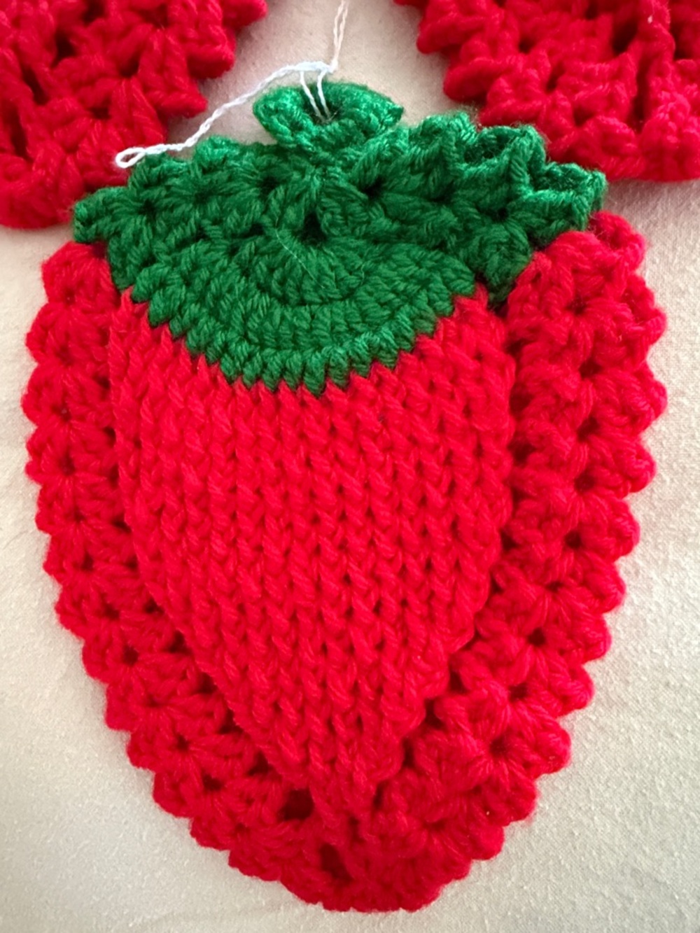 Three Handmade Red Crochet Strawberry Pot Holders with Green Tops - Picture 5 of 5